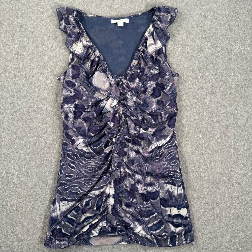 New York & Company Ruched Ruffle Blouse Women's X-Small Purple V-Neck Sleeveless